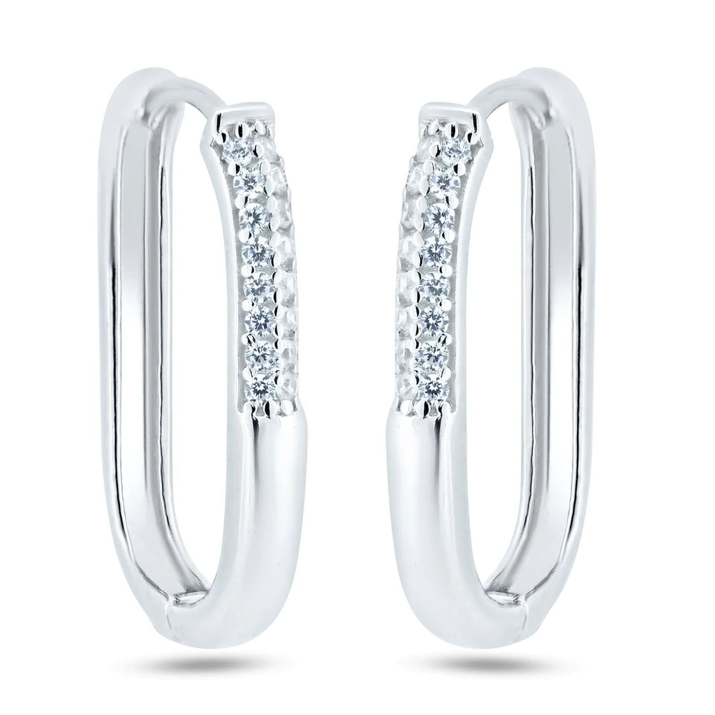 Sterling Silver Rhodium Plated CZ Oval Hoop Earrings