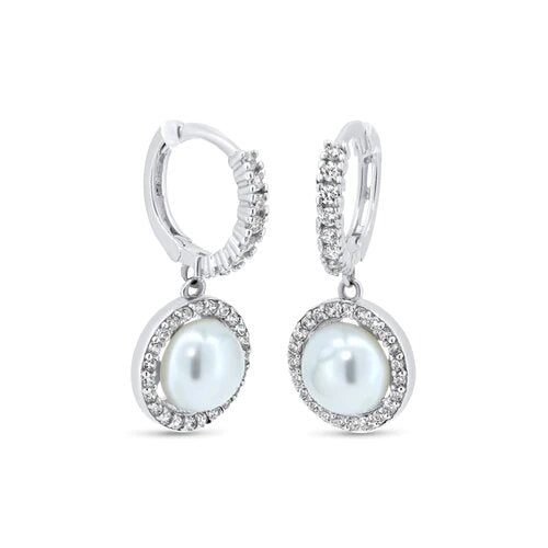 Sterling Silver Rhodium Plated CZ Mother of Pearl 11.2mm Hoop Earrings