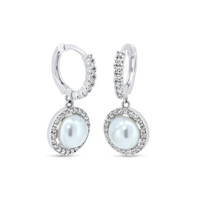 Sterling Silver Rhodium Plated CZ Mother of Pearl 11.2mm Hoop Earrings