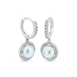 Sterling Silver Rhodium Plated CZ Mother of Pearl 11.2mm Hoop Earrings