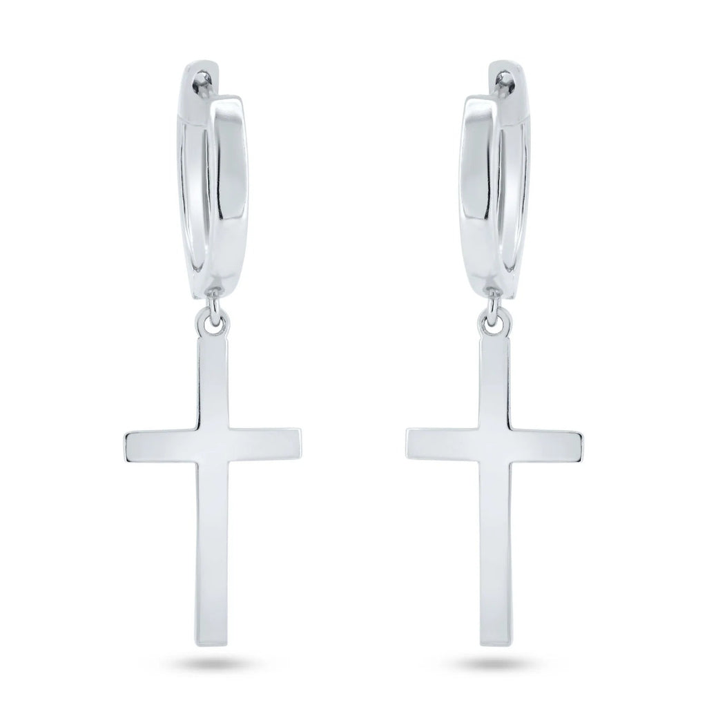 Sterling Silver Rhodium Plated Dangling Cross Hoop Huggie Earrings