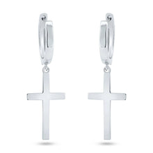 Load image into Gallery viewer, Sterling Silver Rhodium Plated Dangling Cross Hoop Huggie Earrings