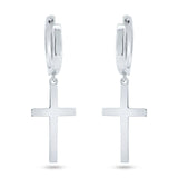 Sterling Silver Rhodium Plated Dangling Cross Hoop Huggie Earrings