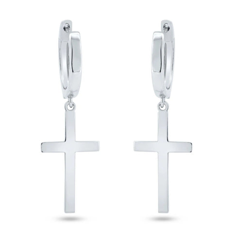 Sterling Silver Rhodium Plated Dangling Cross Hoop Huggie Earrings