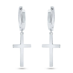 Sterling Silver Rhodium Plated Dangling Cross Hoop Huggie Earrings