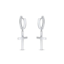 Load image into Gallery viewer, Sterling Silver Rhodium Plated Cross 10mm Hoop Huggie Earrings
