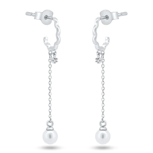 Sterling Silver Rhodium Plated Dangling Pearl Semi Hoop CZ Earrings