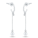Sterling Silver Rhodium Plated Dangling Pearl Semi Hoop CZ Earrings