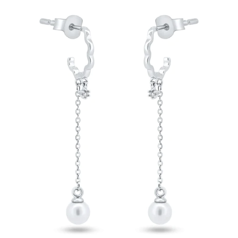 Sterling Silver Rhodium Plated Dangling Pearl Semi Hoop CZ Earrings