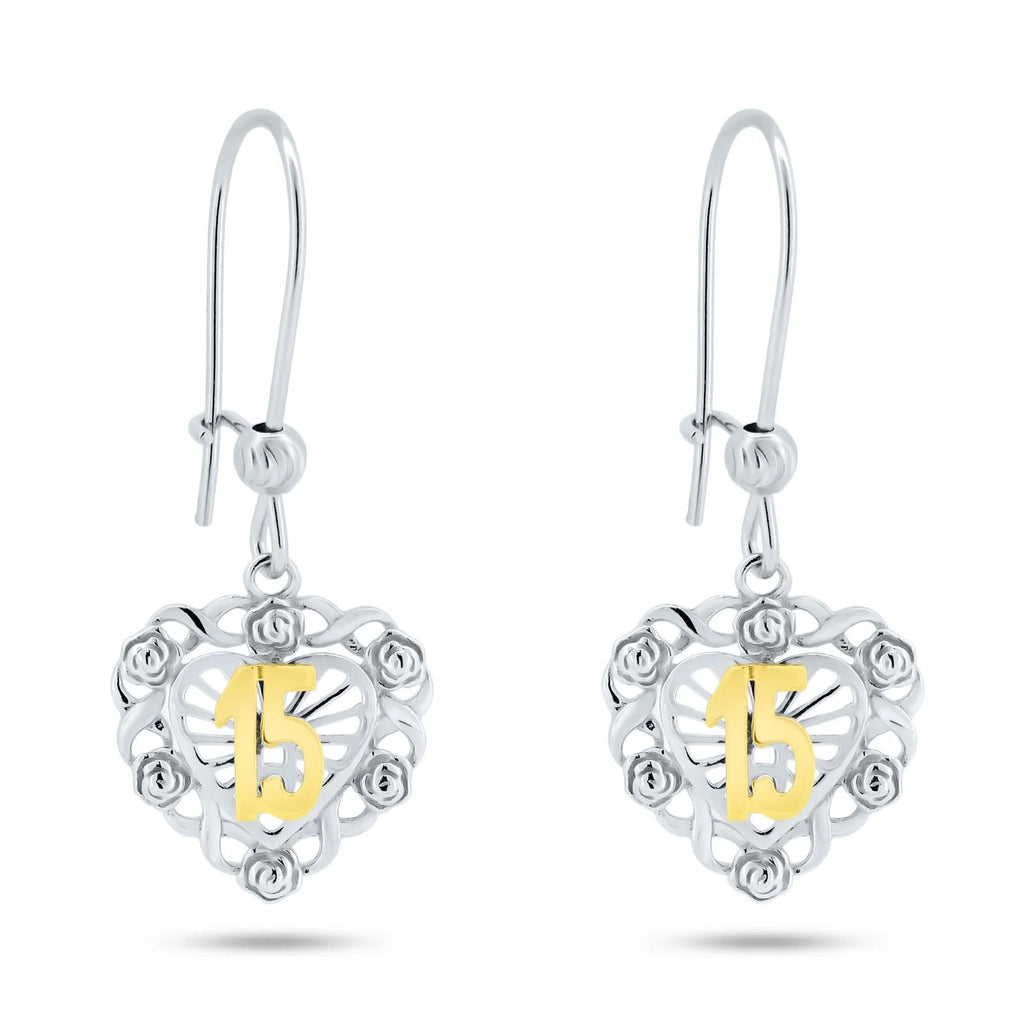 Sterling Silver Two Toned Dangling Heart Quinceanera Earrings