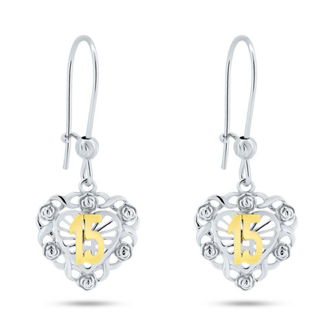 Sterling Silver Two Toned Dangling Heart Quinceanera Earrings