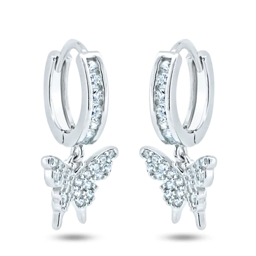 Sterling Silver Rhodium Plated Dangling Butterfly Huggie Earrings