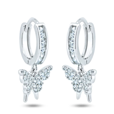 Sterling Silver Rhodium Plated Dangling Butterfly Huggie Earrings