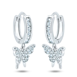 Sterling Silver Rhodium Plated Dangling Butterfly Huggie Earrings