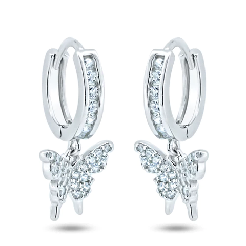 Sterling Silver Rhodium Plated Dangling Butterfly Huggie Earrings