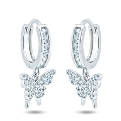 Sterling Silver Rhodium Plated Dangling Butterfly Huggie Earrings