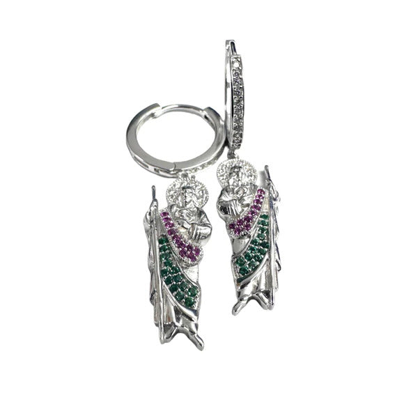 Sterling Silver Rhodium Plated Dangling St Jude Hoop Clear CZ Earrings