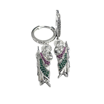 Sterling Silver Rhodium Plated Dangling St Jude Hoop Clear CZ Earrings