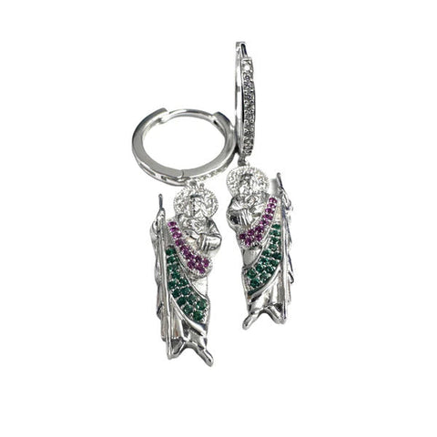 Sterling Silver Rhodium Plated Dangling St Jude Hoop Clear CZ Earrings