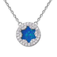 Load image into Gallery viewer, Sterling Silver Rhodium Plated CZ Paved Round Necklace with Star of David Blue Synthetic Opal in the MiddleAnd Spring Ring Clasp
