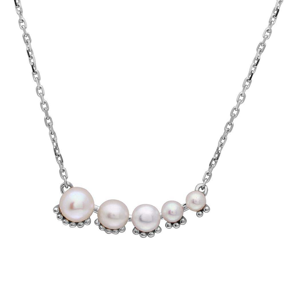 Sterling Silver Rhodium Plated Graduated Fresh Water Pearl Necklace