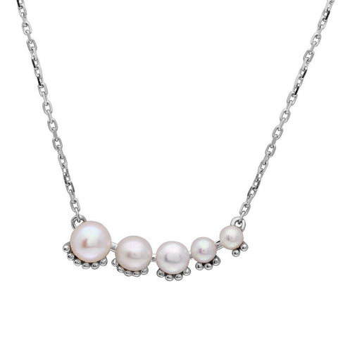 Sterling Silver Rhodium Plated Graduated Fresh Water Pearl Necklace