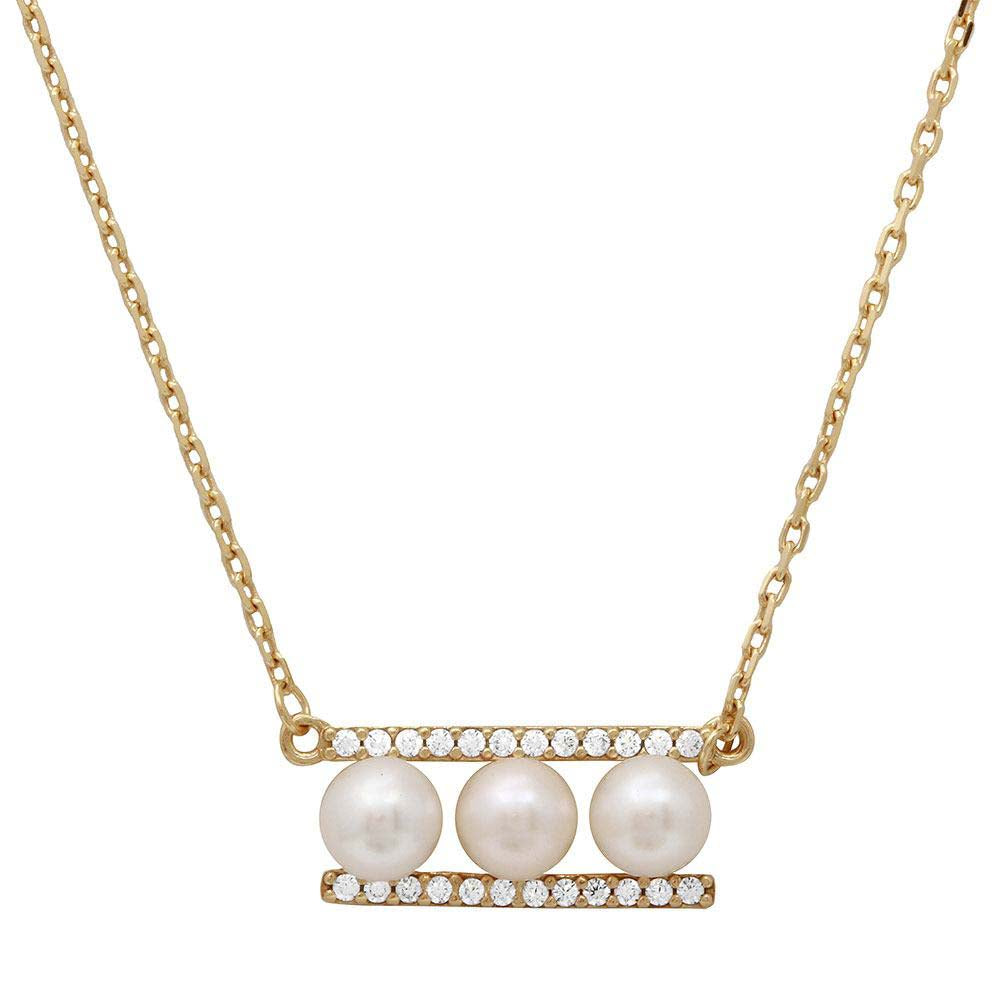Sterling Silver Gold Plated 3 Fresh Water Pearl On 2 CZ Bar Necklace