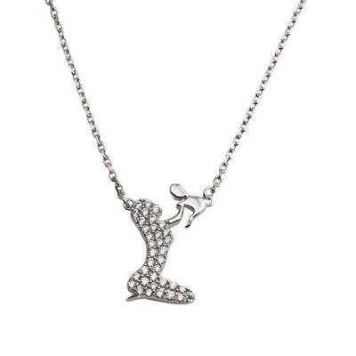 Sterling Silver Rhodium Plated Open CZ Playing Mom With Baby Family Necklace