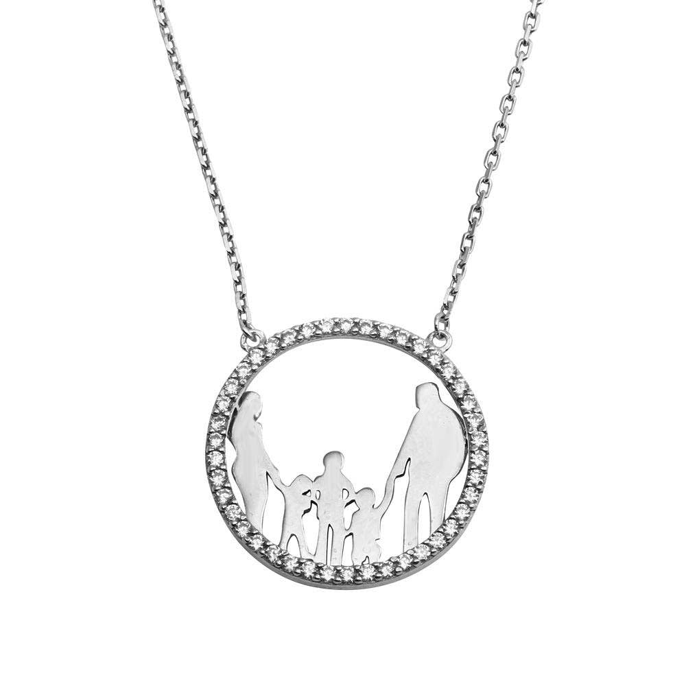 Sterling Silver Rhodium Plated Open CZ Heart MomAnd Dad And All Boys Family Necklace