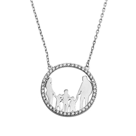 Sterling Silver Rhodium Plated Open CZ Heart MomAnd Dad And All Boys Family Necklace