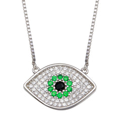 Sterling Silver Rhodium Plated Evil Eye with Green and Clear CZ Necklace