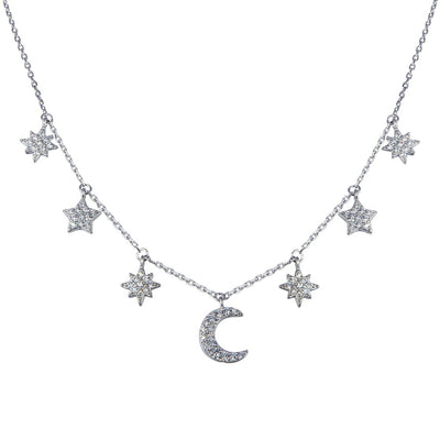 Sterling Silver Rhodium Plated CZ Star and Crescent Moon Necklace