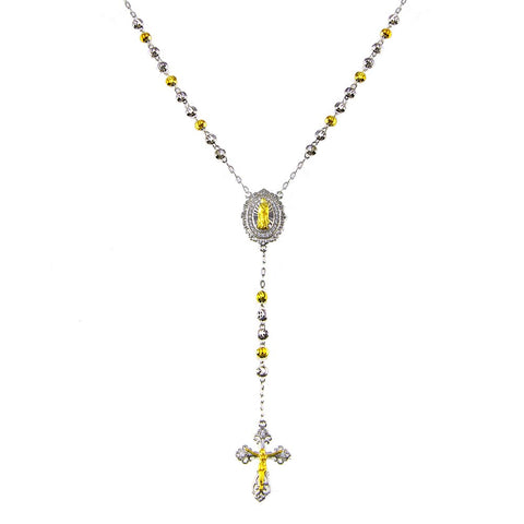 Sterling Silver two Toned Plated DC Beaded CZ Medallion Rosary Necklace