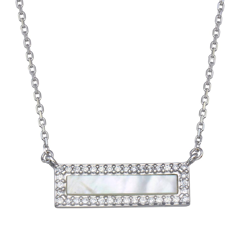 Sterling Silver Rhodium Plated Mother Of Pearl Halo Bar Necklace