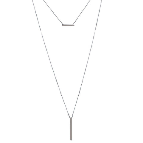 Sterling Silver Rhodium Plated Multi Chain Drop Bar Necklace