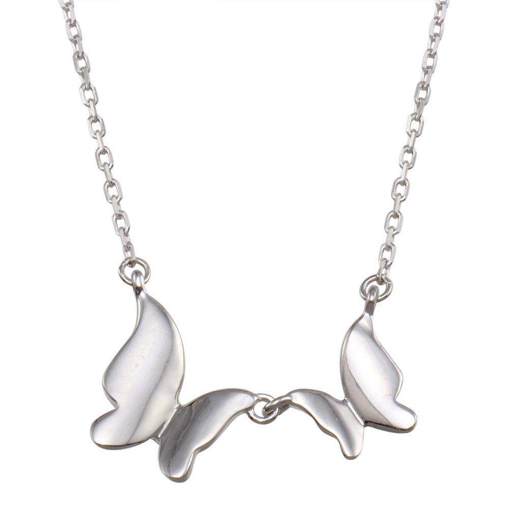 Sterling Silver Rhodium Plated Double Butterfly Necklace - silverdepot