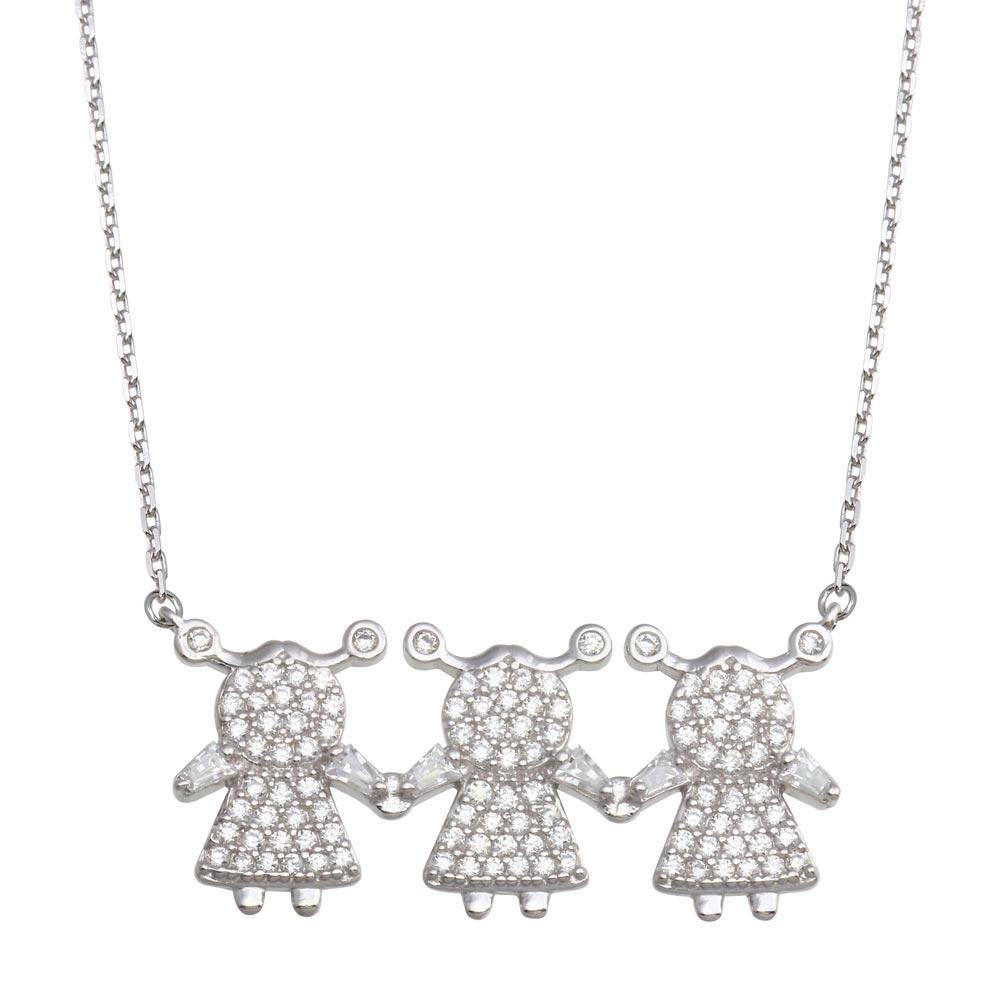 Sterling Silver Rhodium Plated CZ 3 Girls Family Necklace - silverdepot