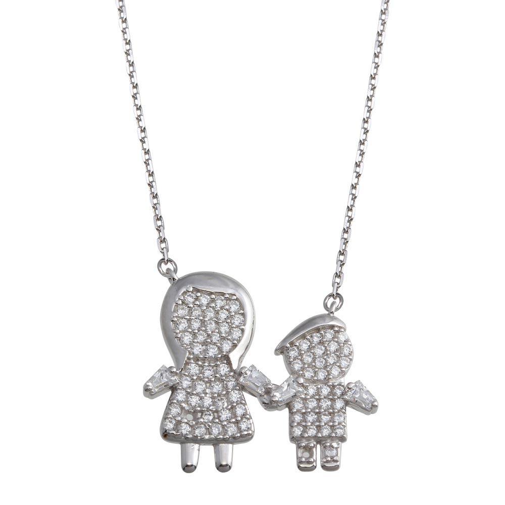 Sterling Silver Rhodium Plated CZ Boys and Mom Family Necklace - silverdepot