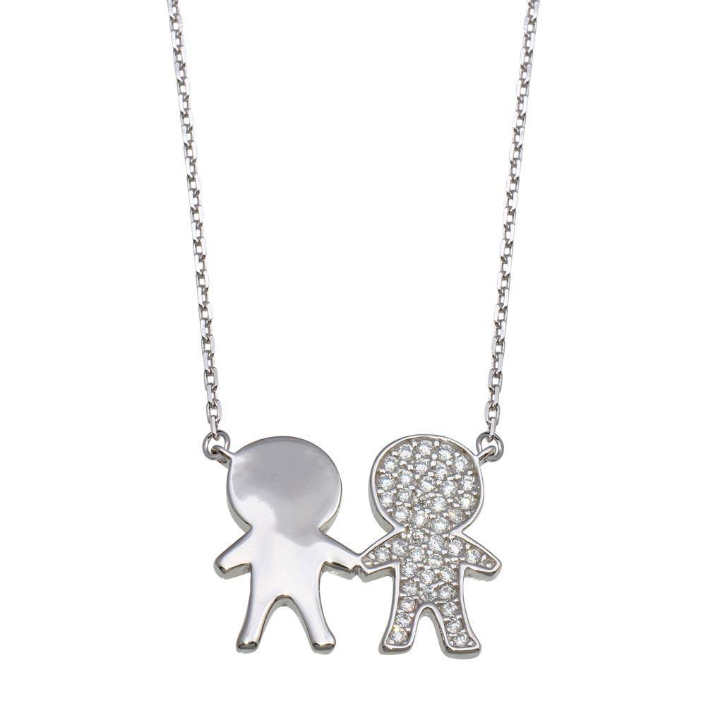 Sterling Silver Rhodium Plated CZ Boys Family Necklace - silverdepot