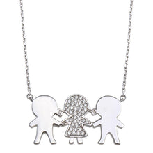 Load image into Gallery viewer, Sterling Silver Rhodium Plated CZ 2 Girls and 1 Boy Family Necklace - silverdepot