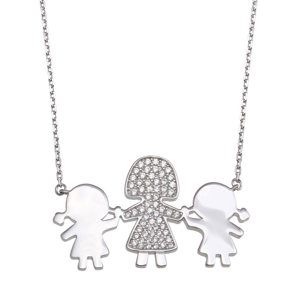 Sterling Silver Rhodium Plated CZ 2 Girls and Mom Family Necklace - silverdepot