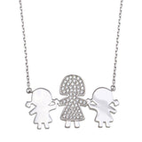 Sterling Silver Rhodium Plated CZ 2 Girls and Mom Family Necklace
