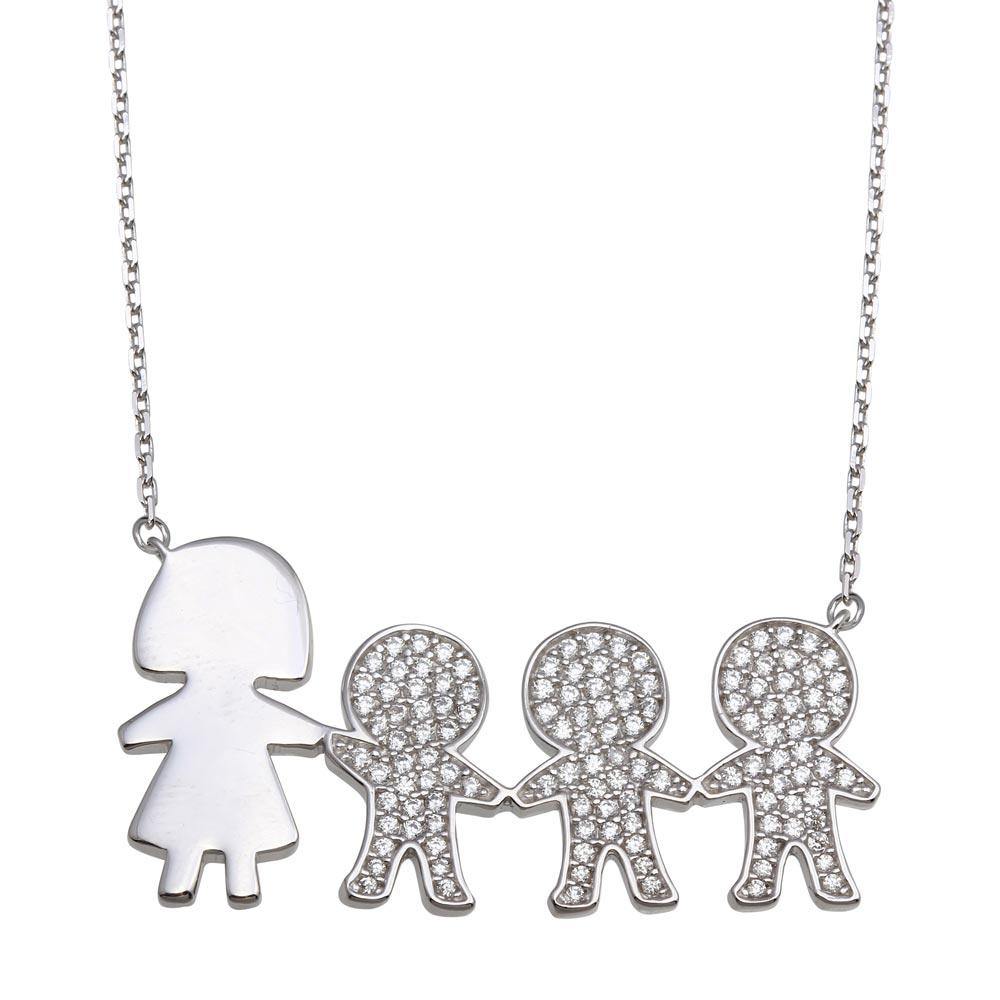 Sterling Silver Rhodium Plated CZ 3 Boys and Mom Family Necklace - silverdepot