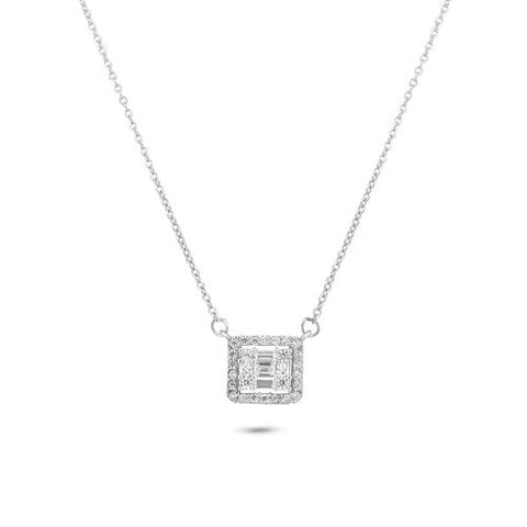 Sterling Silver Rhodium Plated Round Baguette CZ Square Necklace