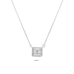 Sterling Silver Rhodium Plated Round Baguette CZ Square Necklace