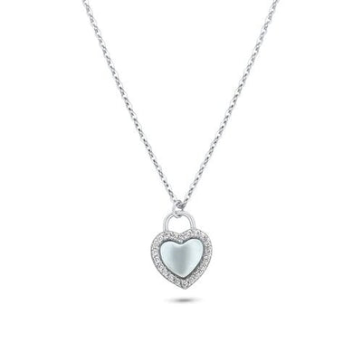 Sterling Silver Rhodium Plated Heart CZ Mother of Pearl Necklace