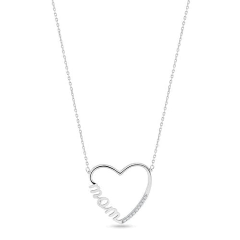 Sterling Silver Rhodium Plated Clear CZ Open Heart MOM Necklace