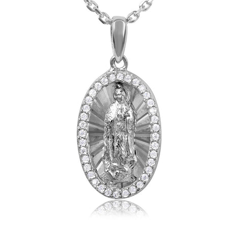 Sterling Silver Rhodium Plated Oval CZ Frame Medallion with Chain