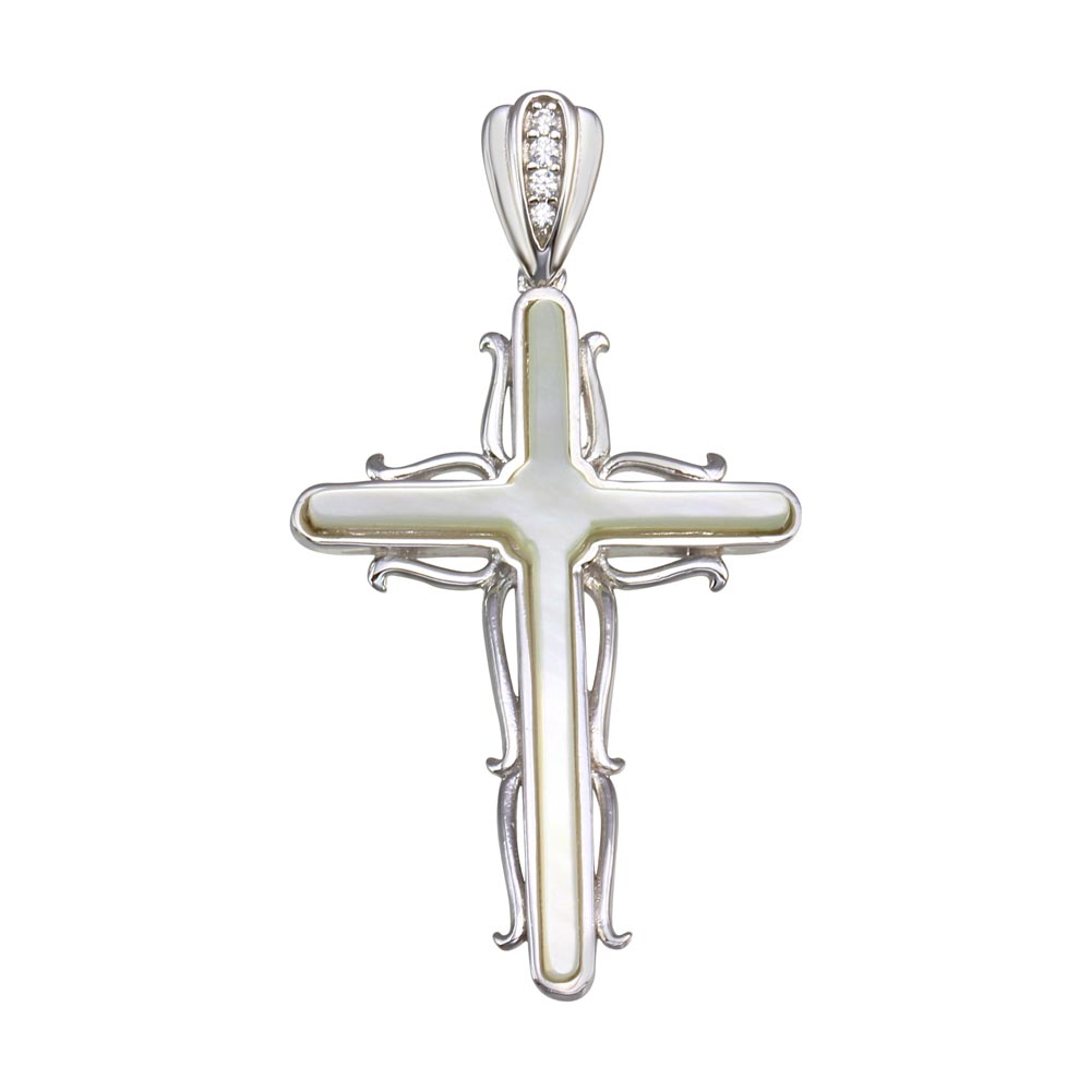 Sterling Silver Rhodium Plated MOP CZ Cross Wave Side Pendant
