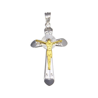 Sterling Silver Two Toned Plated Heart Edge CrossPendant